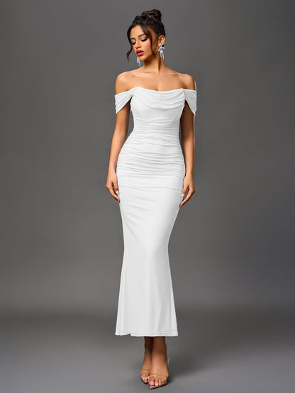 Estela – Vestido largo ajustado con escote de hombros descubiertos para mujer
