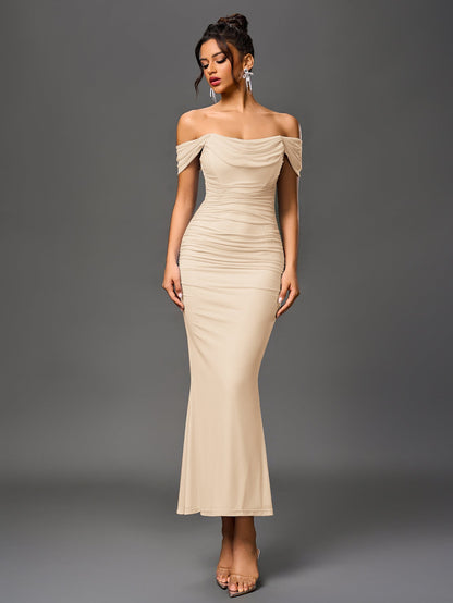 Estela – Vestido largo ajustado con escote de hombros descubiertos para mujer