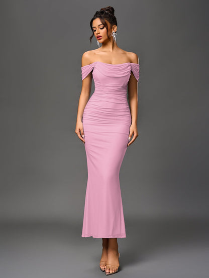 Estela – Vestido largo ajustado con escote de hombros descubiertos para mujer
