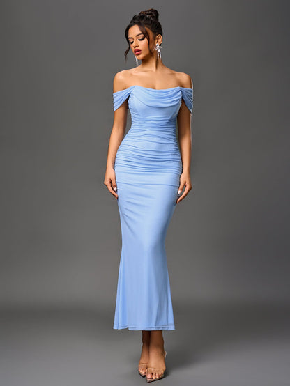 Estela – Vestido largo ajustado con escote de hombros descubiertos para mujer