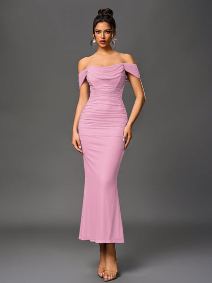 Estela – Vestido largo ajustado con escote de hombros descubiertos para mujer