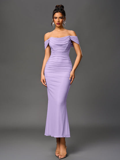 Estela – Vestido largo ajustado con escote de hombros descubiertos para mujer