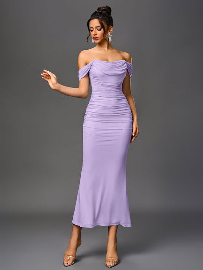 Estela – Vestido largo ajustado con escote de hombros descubiertos para mujer