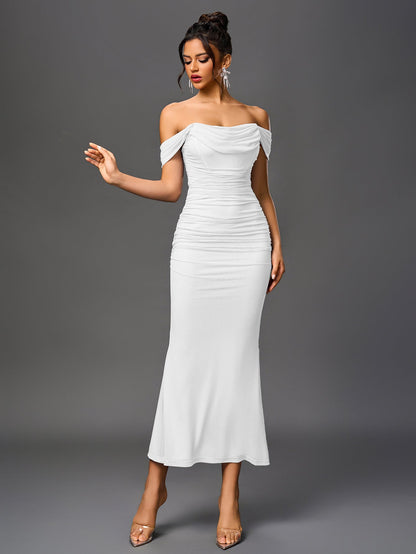 Estela – Vestido largo ajustado con escote de hombros descubiertos para mujer