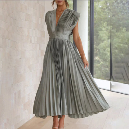 Celestia – Vestido elegante plisado con escote en V y espalda descubierta para mujer