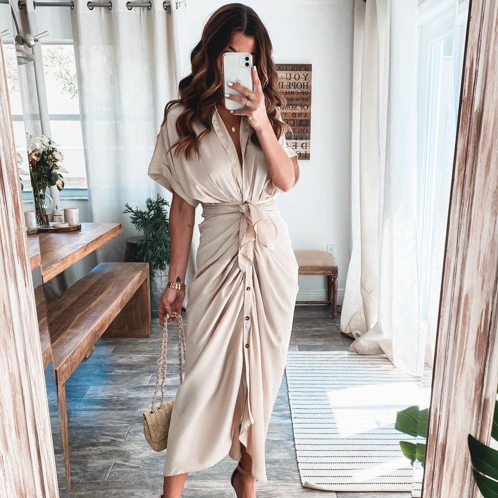 Marina – Vestido largo de satén con drapeado y lazo en la cintura para mujer