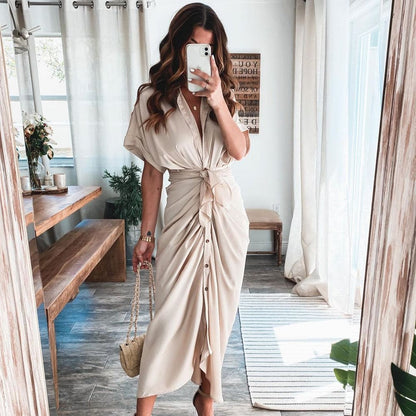 Marina – Vestido largo de satén con drapeado y lazo en la cintura para mujer