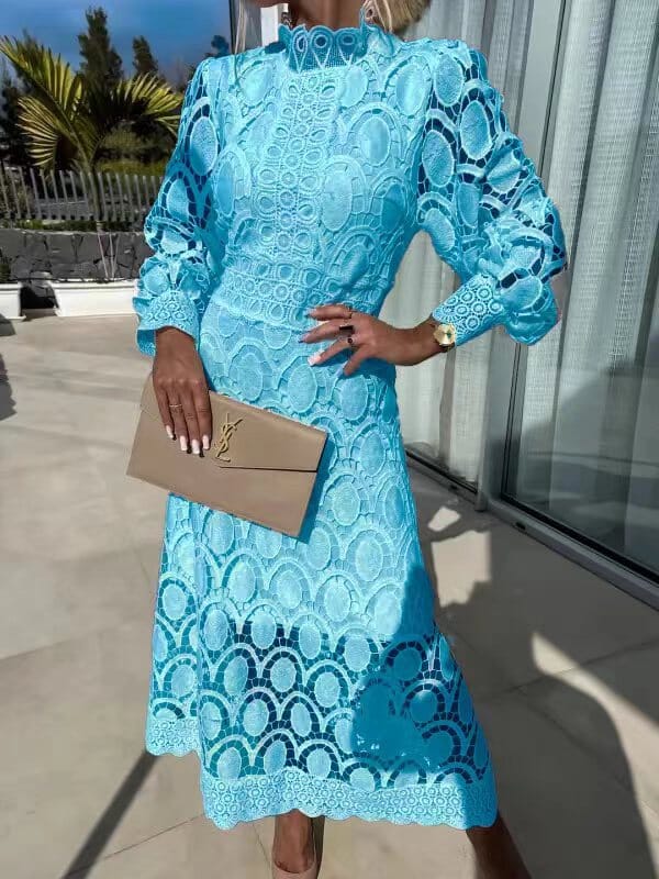 Celestina – Vestido midi de encaje de manga larga con cuello alto para mujer