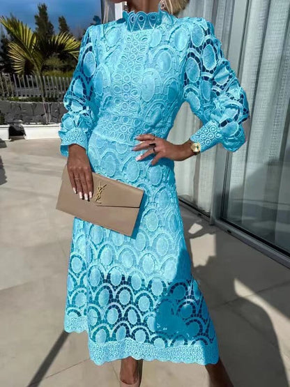 Celestina – Vestido midi de encaje de manga larga con cuello alto para mujer