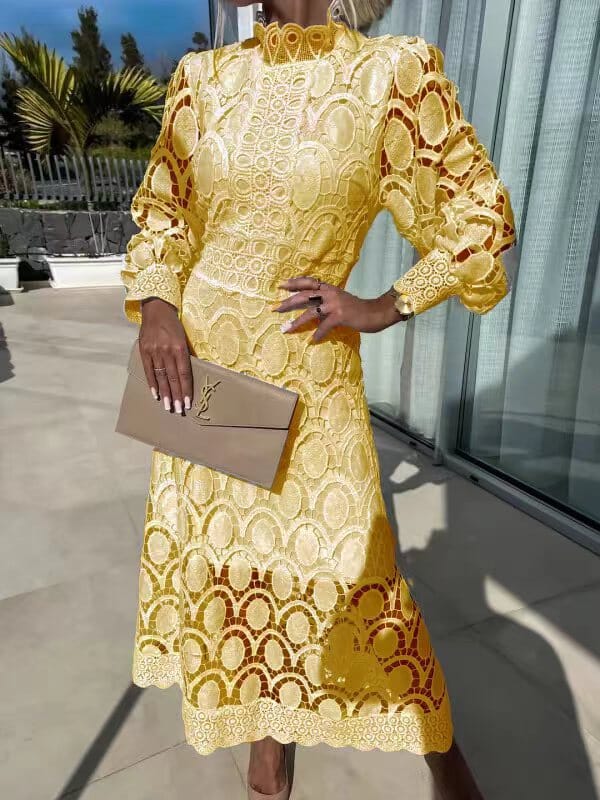 Celestina – Vestido midi de encaje de manga larga con cuello alto para mujer