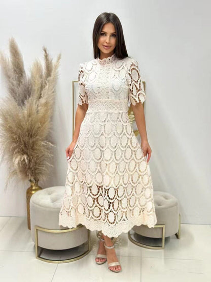 Celestina – Vestido midi de encaje de manga larga con cuello alto para mujer