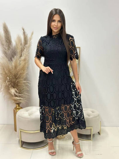 Celestina – Vestido midi de encaje de manga larga con cuello alto para mujer