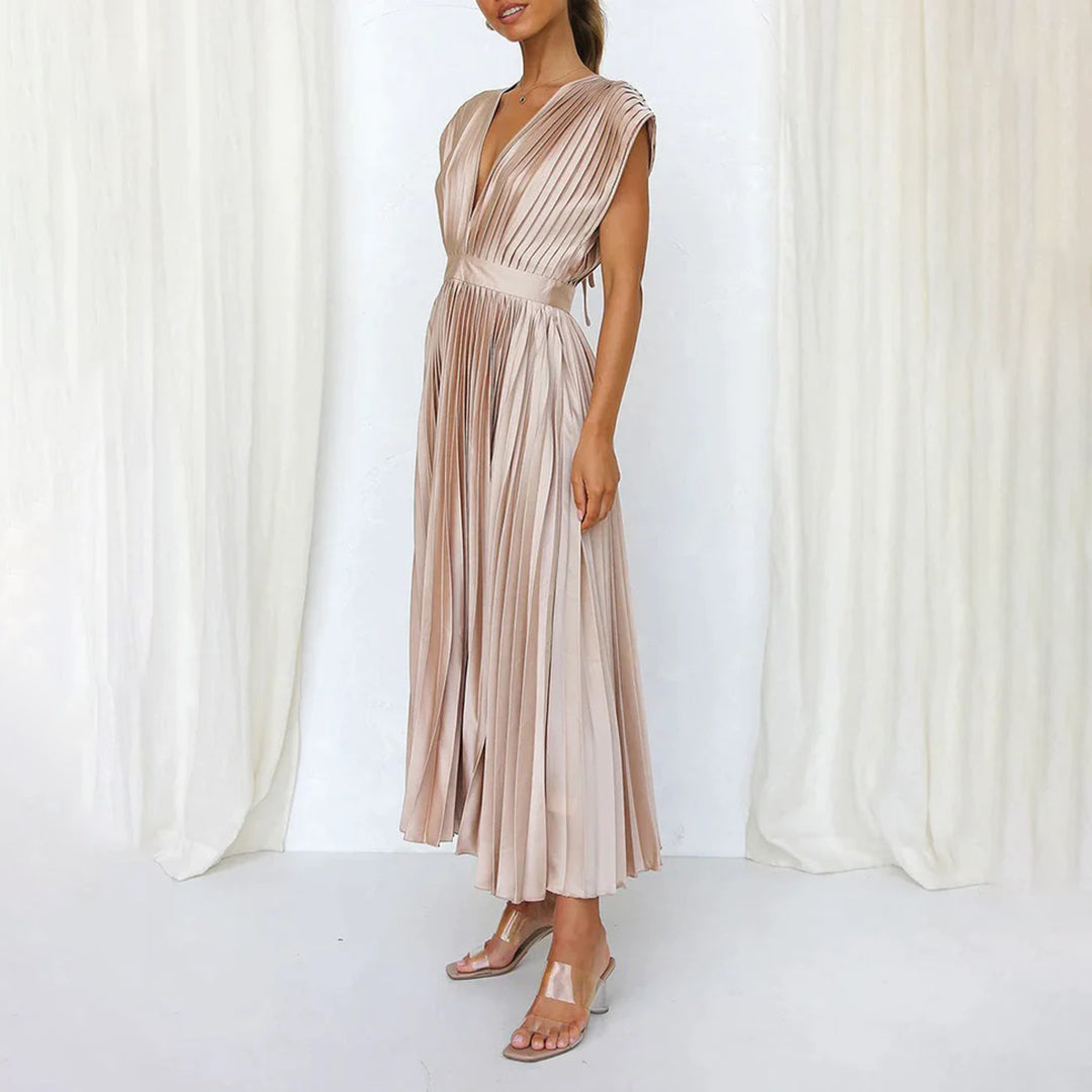 Celestia – Vestido elegante plisado con escote en V y espalda descubierta para mujer