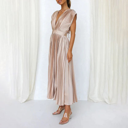 Celestia – Vestido elegante plisado con escote en V y espalda descubierta para mujer