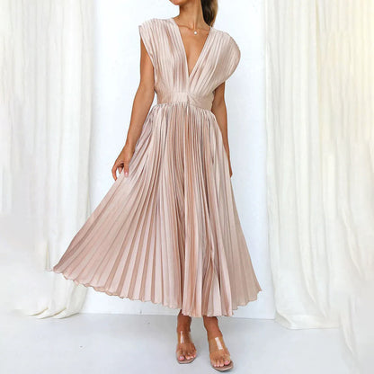 Celestia – Vestido elegante plisado con escote en V y espalda descubierta para mujer