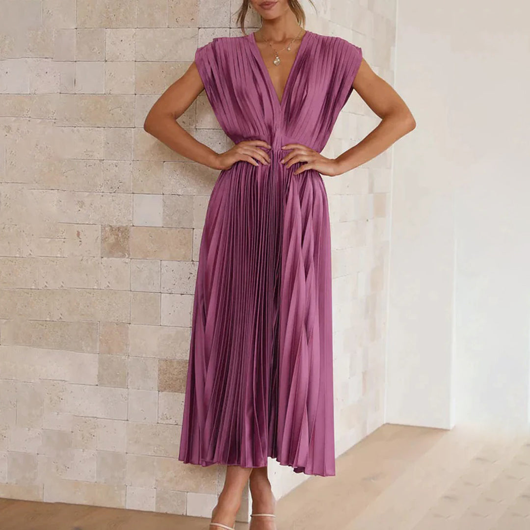 Celestia – Vestido elegante plisado con escote en V y espalda descubierta para mujer