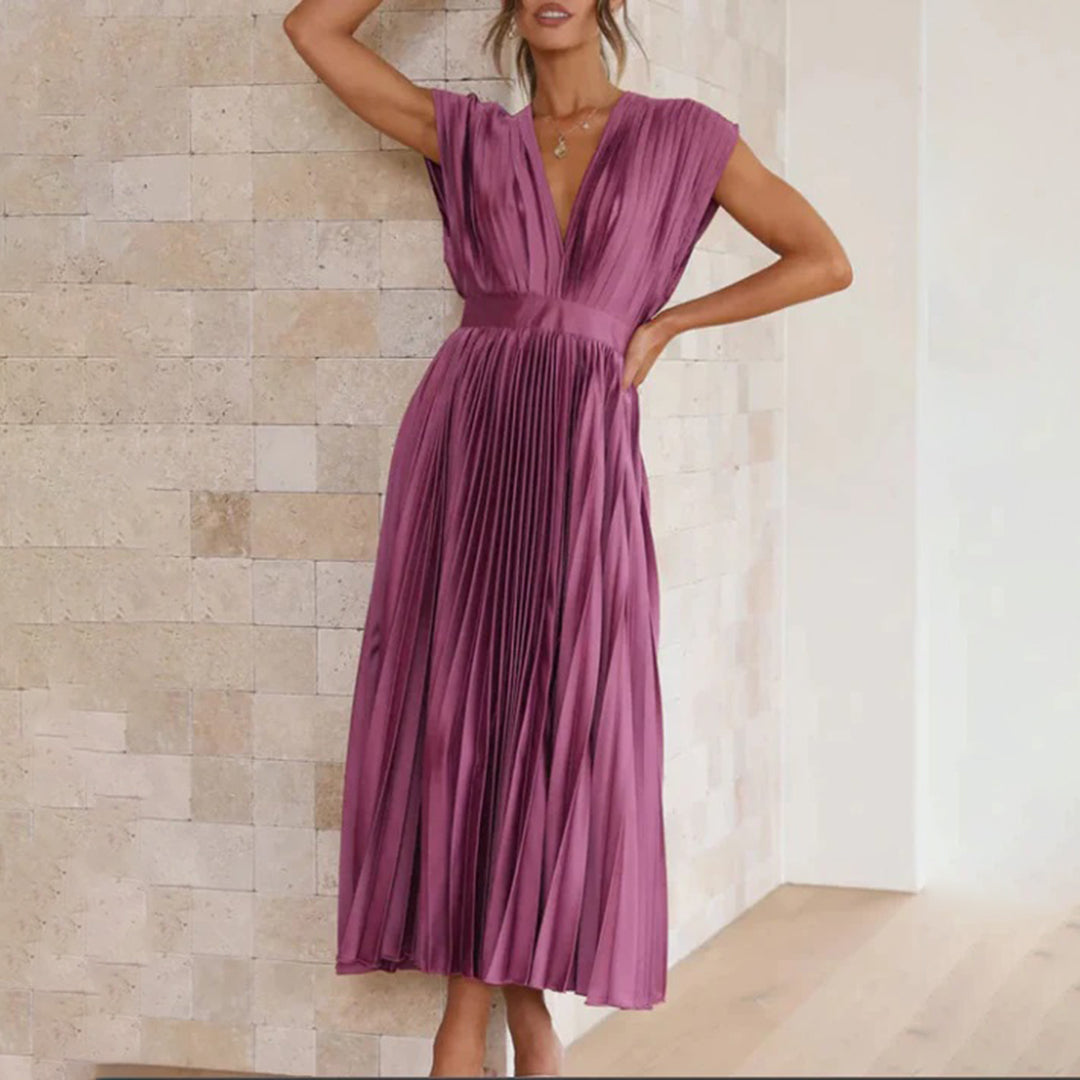 Celestia – Vestido elegante plisado con escote en V y espalda descubierta para mujer