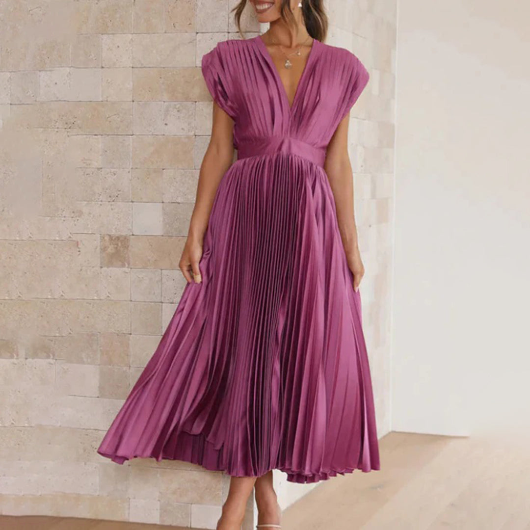 Celestia – Vestido elegante plisado con escote en V y espalda descubierta para mujer