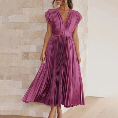 Celestia – Vestido elegante plisado con escote en V y espalda descubierta para mujer