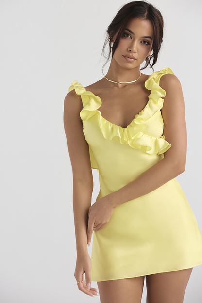 Serena – Vestido mini satinado de seda con fruncido amarillo para mujer