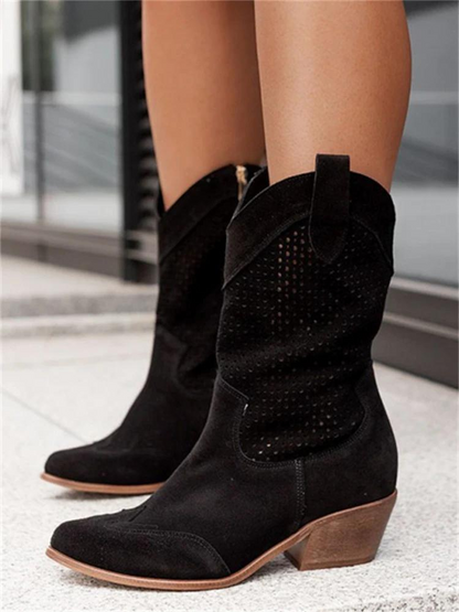 Botas estilo vaqueri con puntera fina y detalles perforados – JOLAYA
