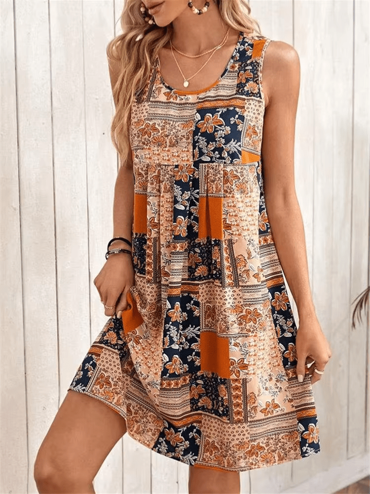 SOLARA – Vestido mini con estampado bohemio y diseño sin mangas para mujer