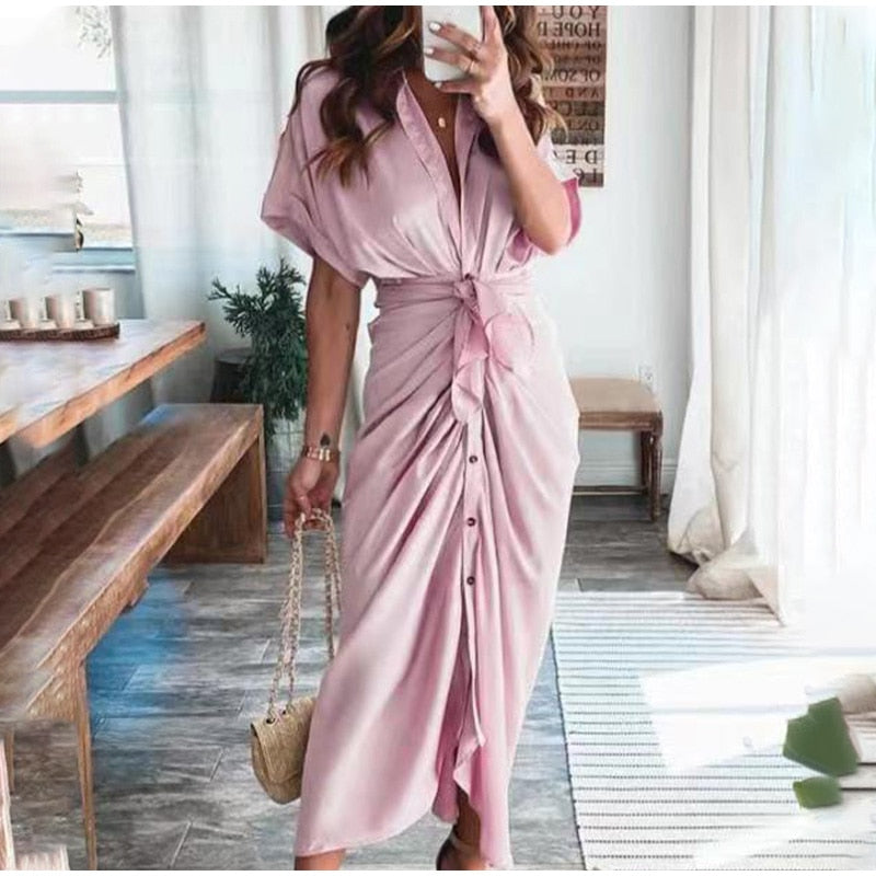 Marina – Vestido largo de satén con drapeado y lazo en la cintura para mujer