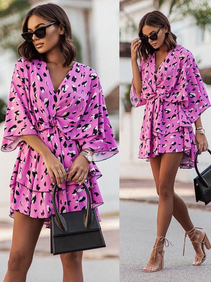 Camila – Vestido mini con estampado floral, escote en V y mangas largas para mujer