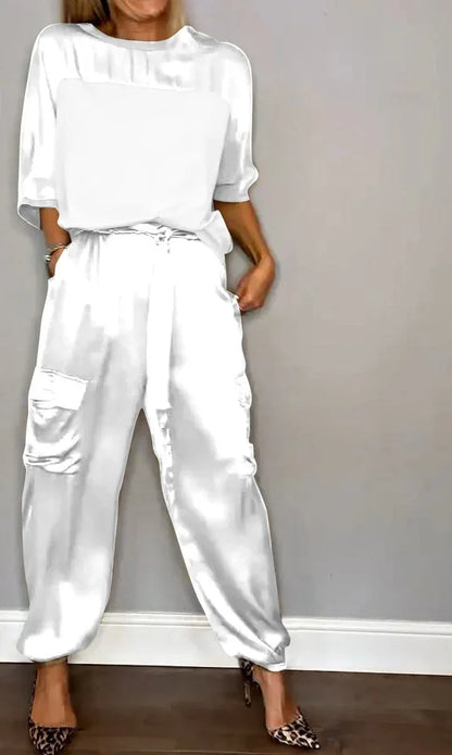 Conjunto satinado de dos piezas para mujer con top suelto y pantalón cargo – KALIA