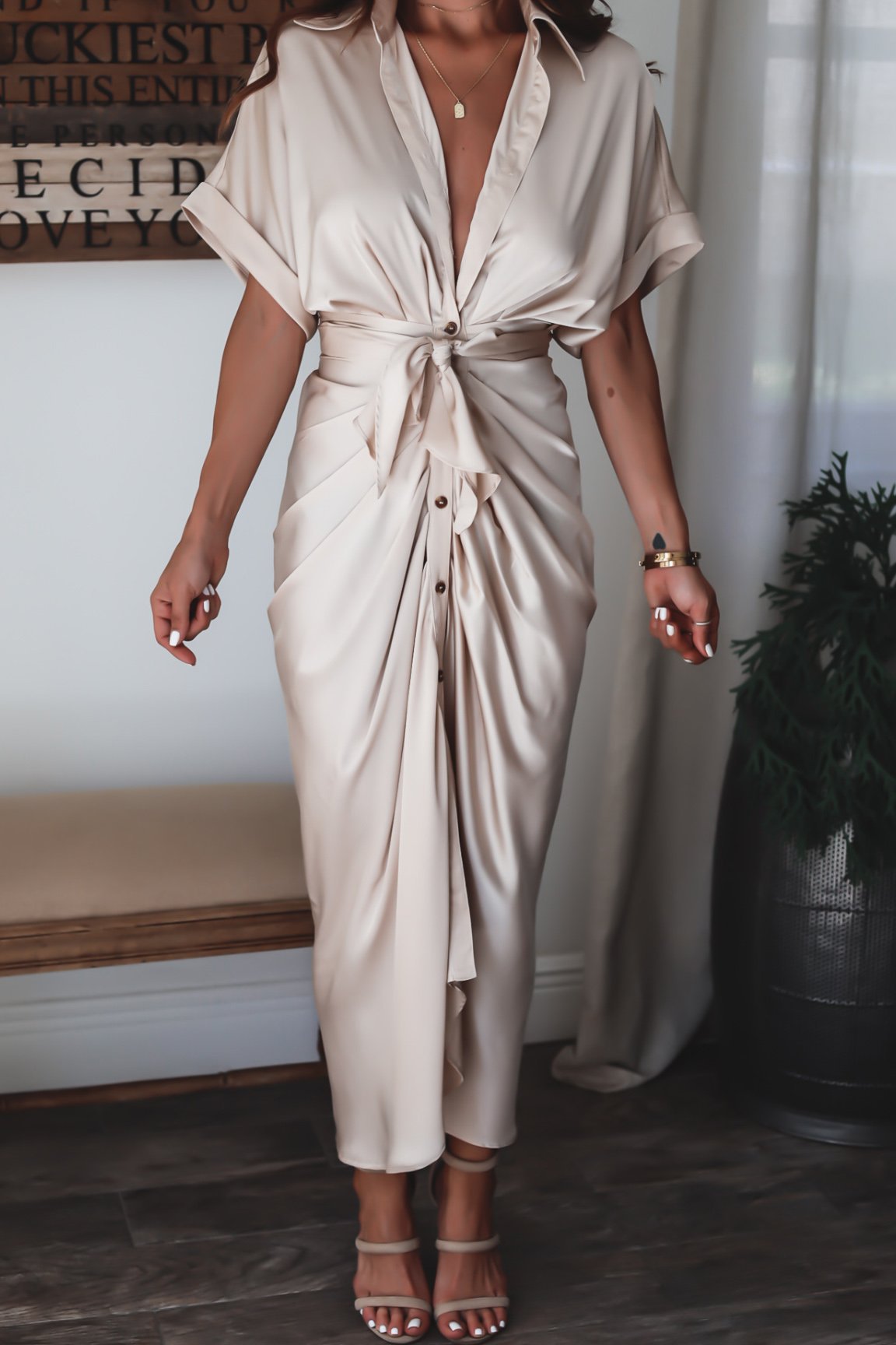 Marina – Vestido largo de satén con drapeado y lazo en la cintura para mujer