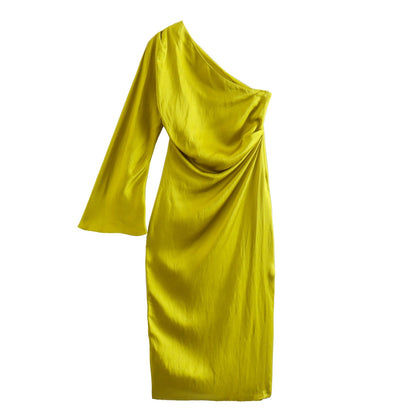 Gaia – Vestido satinado de un solo hombro en amarillo y verde para mujer