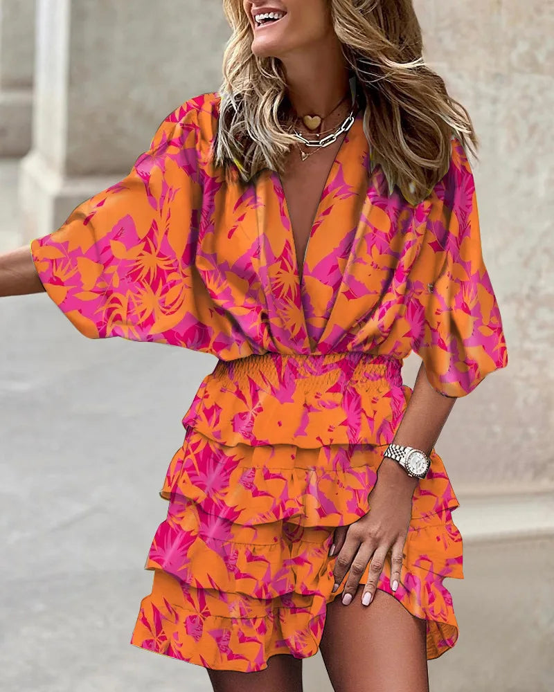 ALMA – Vestido mini con estampado bohemio y volantes para mujer
