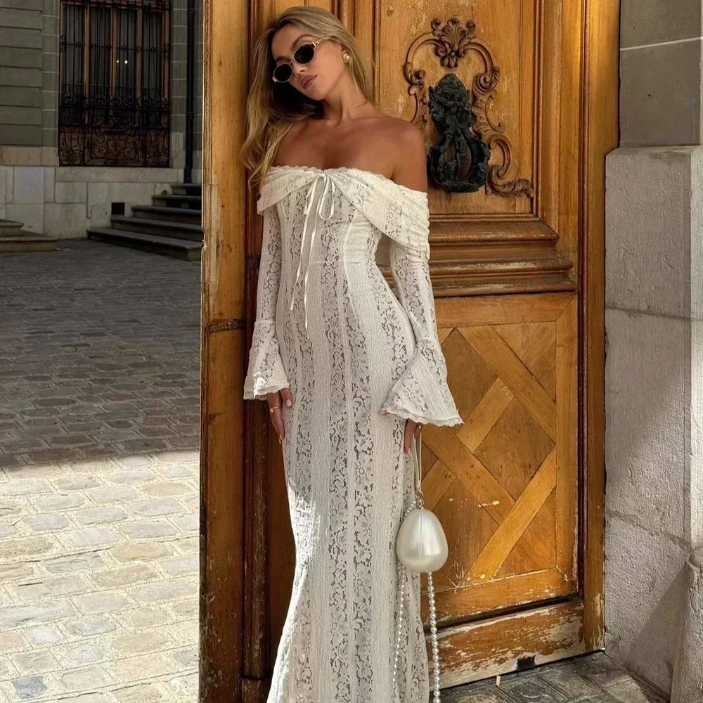 Vestido maxi con hombros descubiertos y mangas largas – HOSEFA