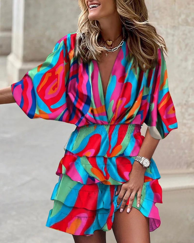 ALMA – Vestido mini con estampado bohemio y volantes para mujer