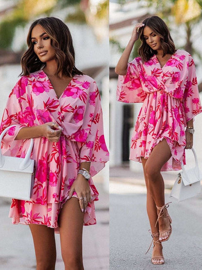 Camila – Vestido mini con estampado floral, escote en V y mangas largas para mujer