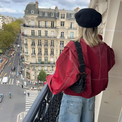 AGNES - Chaqueta bomber de cuero oversize con costuras contrastantes para mujeres