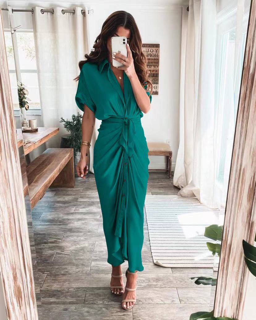 Marina – Vestido largo de satén con drapeado y lazo en la cintura para mujer