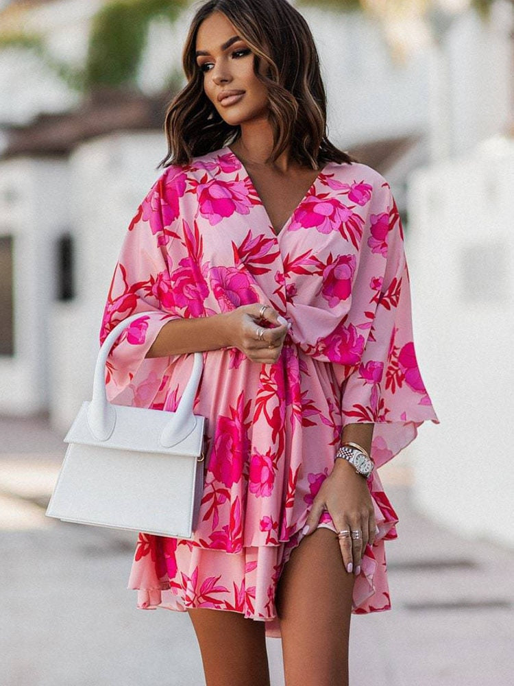 Camila – Vestido mini con estampado floral, escote en V y mangas largas para mujer