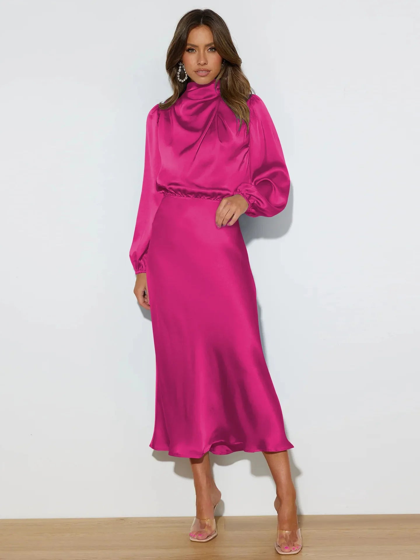 Vestido midi con cuello alto y mangas largas para mujer – VERIE