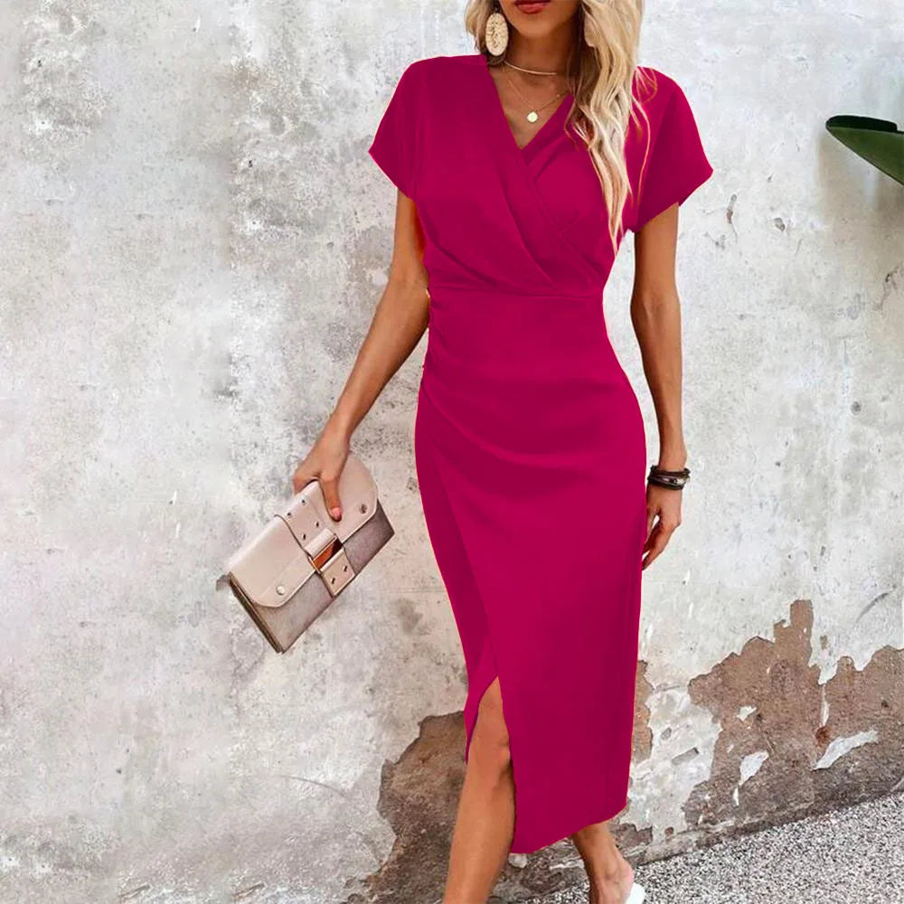 Aurora – Vestido midi cruzado con mangas cortas y abertura para mujer