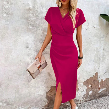 Vestido midi cruzado con abertura lateral y mangas cortas – OLIVIA