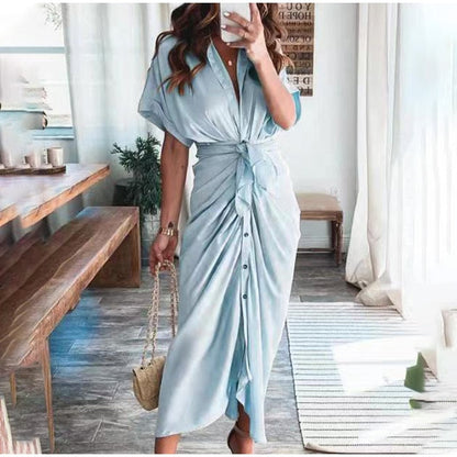 Marina – Vestido largo de satén con drapeado y lazo en la cintura para mujer