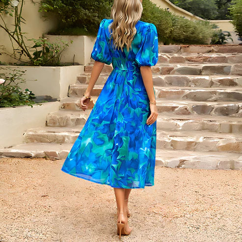 Emilia – Vestido midi con mangas abullonadas y escote en V profundo para mujer