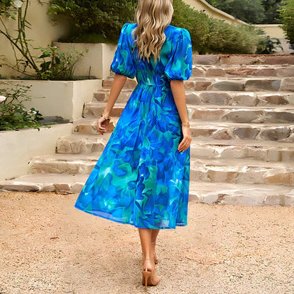 Emilia – Vestido midi con mangas abullonadas y escote en V profundo para mujer