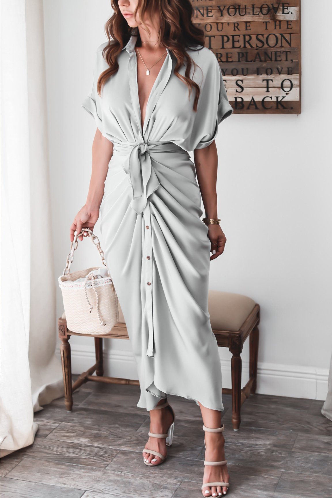 Marina – Vestido largo de satén con drapeado y lazo en la cintura para mujer