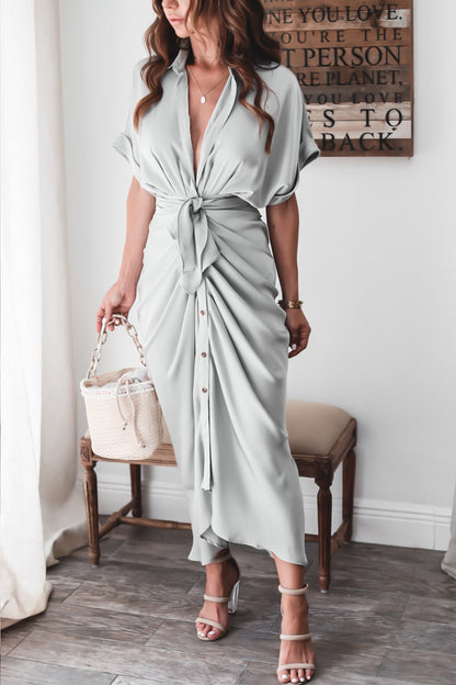 Marina – Vestido largo de satén con drapeado y lazo en la cintura para mujer