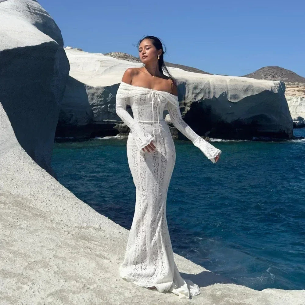 Vestido maxi con hombros descubiertos y mangas largas – HOSEFA