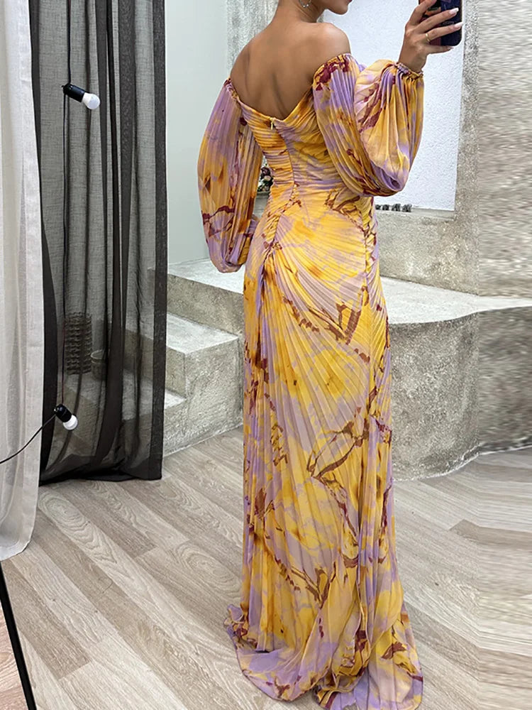 Vestido largo elegante con mangas abullonadas y escote en V – LYRA