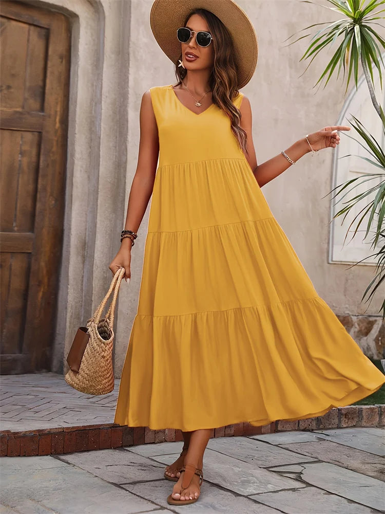 Vestido de verano sin mangas con escote en V y corte A – AROA