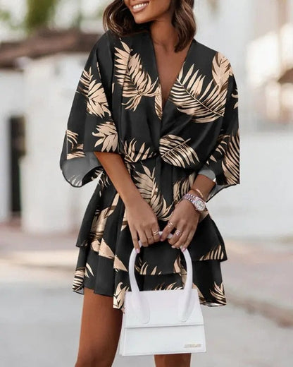 Camila – Vestido mini con estampado floral, escote en V y mangas largas para mujer